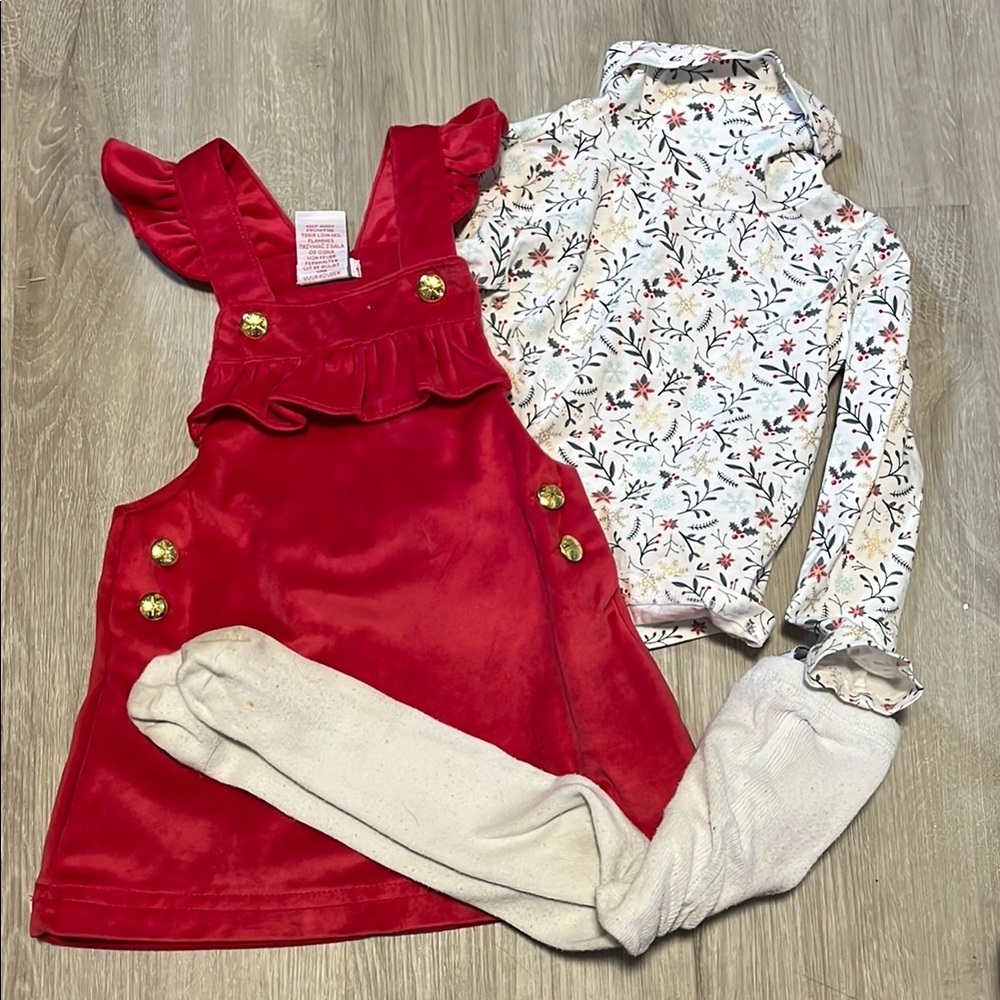 Red Ruffled Dress with Floral‎ Blouse and Cream Tights